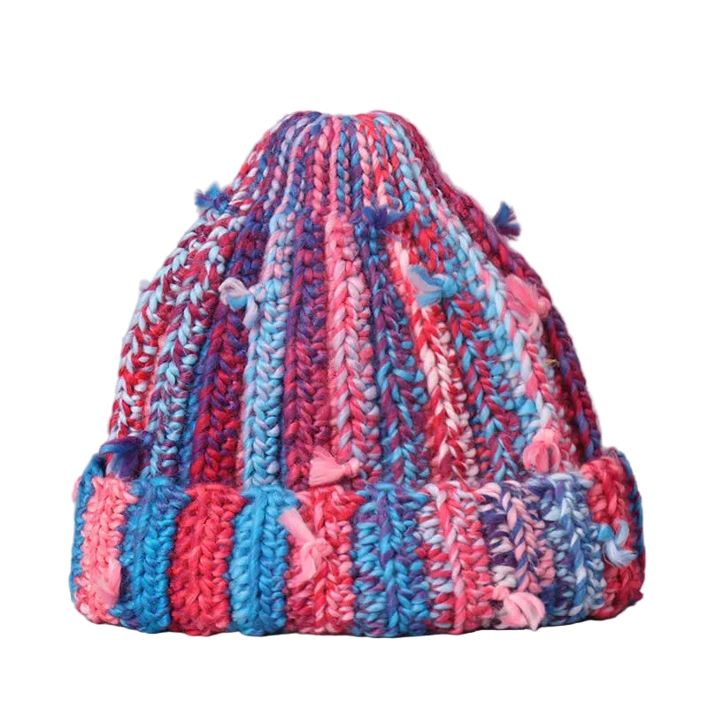 Multicolored knitted bag on a gray background