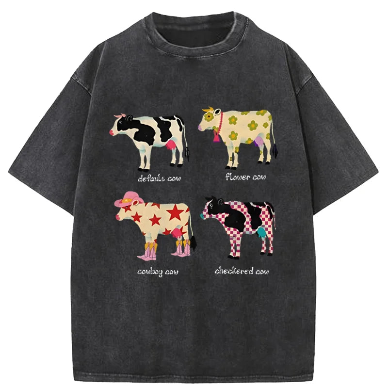 1 Black cartoon cow print graphic tee — front view, relaxed fit streetwear