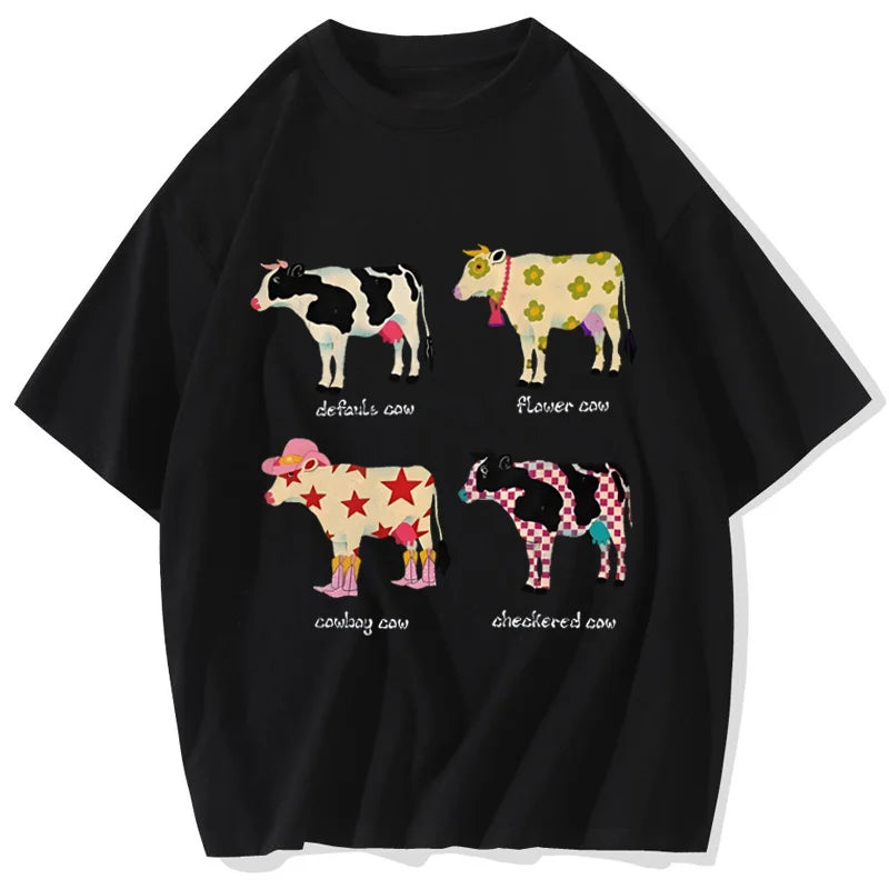 2 Flat lay of black cartoon cow print graphic tee showing full print and O-neck collar