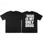 2 Music Is My Only Drug oversized graphic tee, styled on model