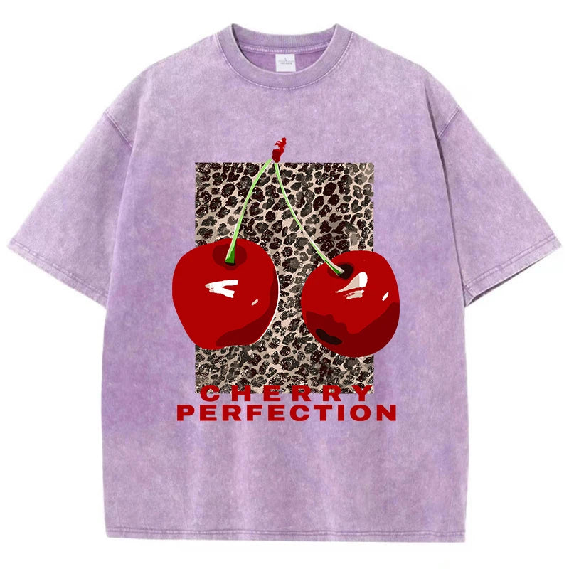 Cherry Leopard Print Graphic Tee — Loose Fit Cotton Streetwear