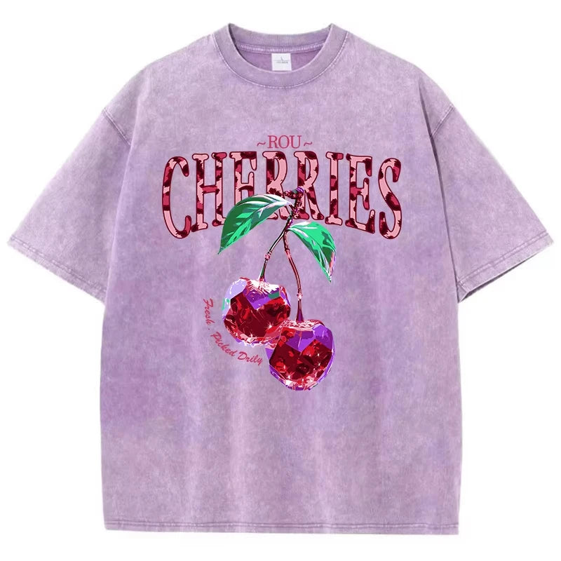 Cherry Leopard Print Graphic Tee — Loose Fit Cotton Streetwear
