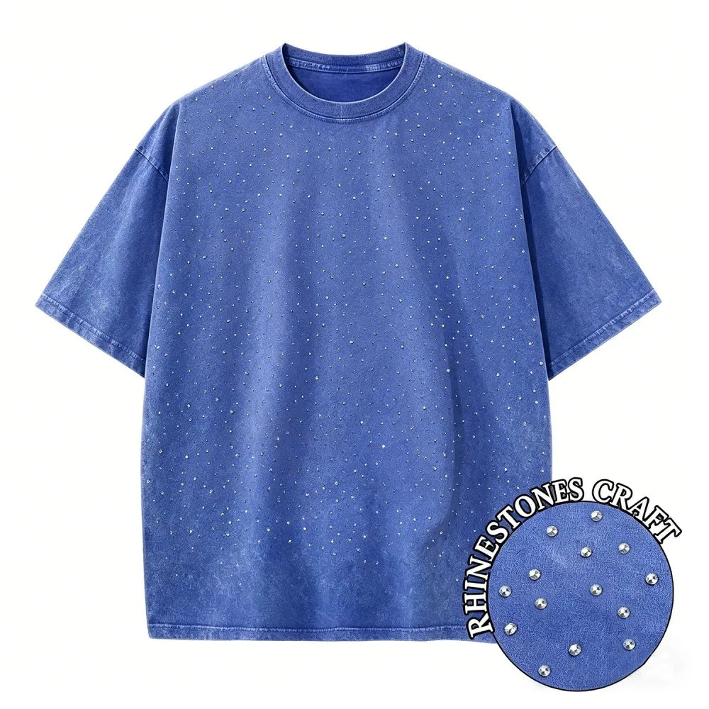 Rhinestone Vintage Wash Tee — Oversized Distressed Cotton T-Shirt