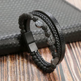 Beaded Leather Layered Bracelet — Men's Streetwear Wristwear