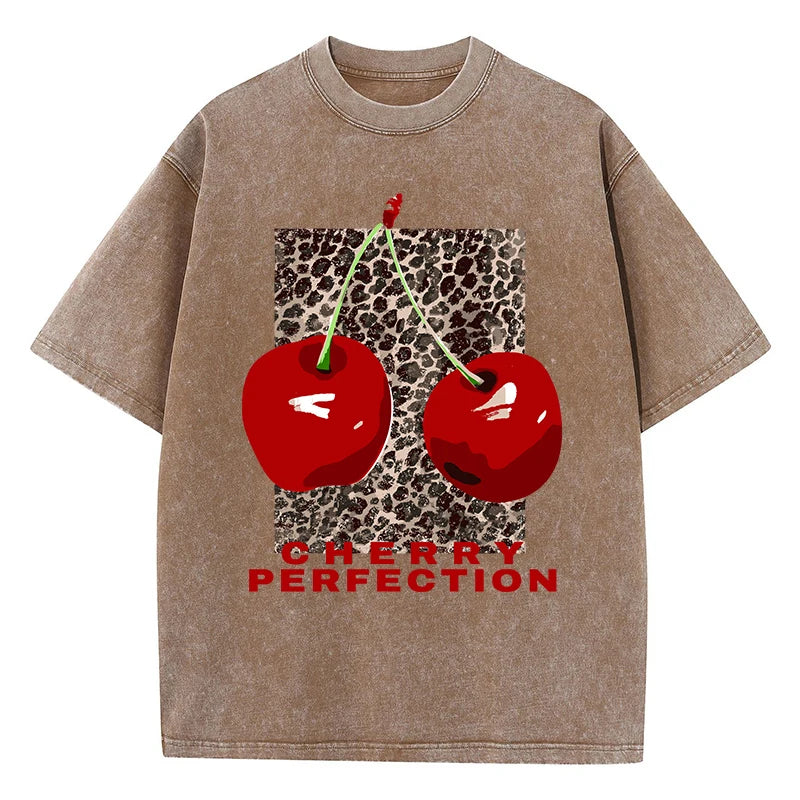 Cherry Leopard Print Graphic Tee — Loose Fit Cotton Streetwear