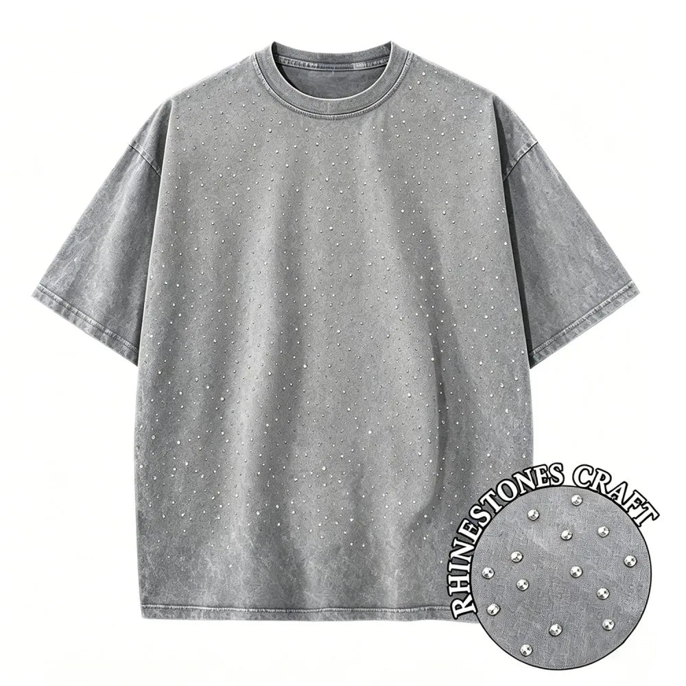 Rhinestone Vintage Wash Tee — Oversized Distressed Cotton T-Shirt