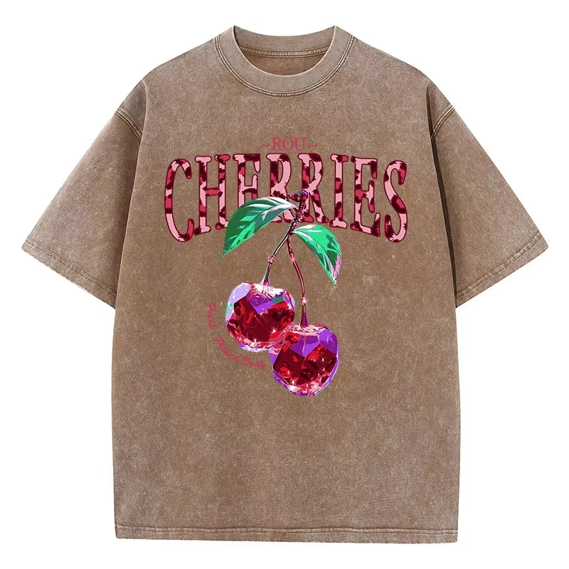 Cherry Leopard Print Graphic Tee — Loose Fit Cotton Streetwear
