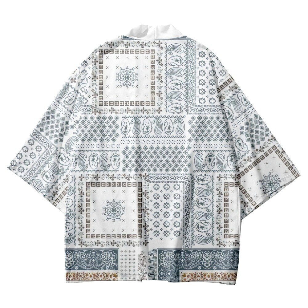 Abstract print kimono shirt — worn view
