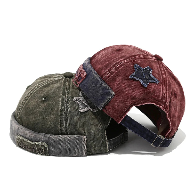 Unisex acid wash brimless cap angled view showing wash texture