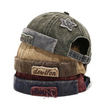 Acid wash brimless cap side profile view