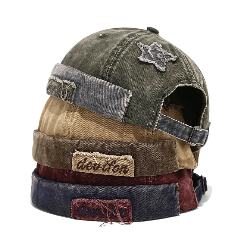 Acid wash brimless cap side profile view