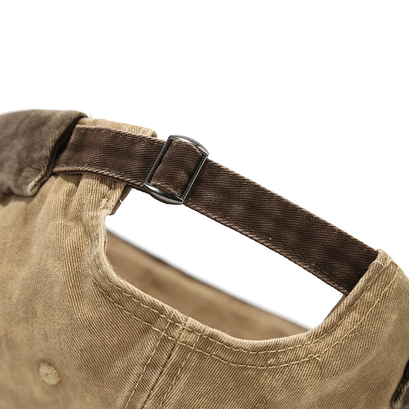 Model wearing acid wash brimless cap, back view