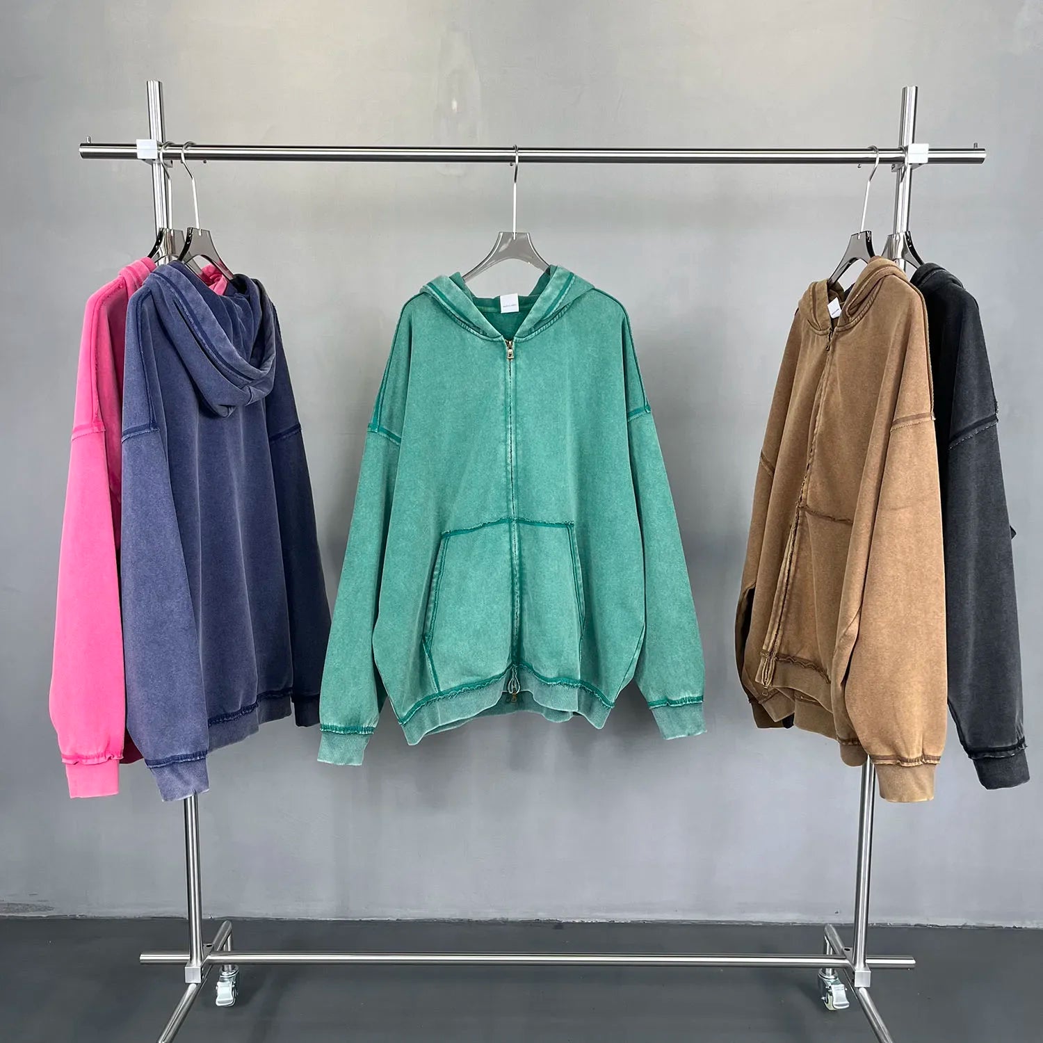 Acid wash zip-up hoodie, zipper detail