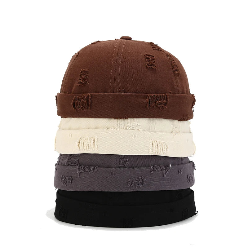 Adjustable brimless docker hat, side profile view