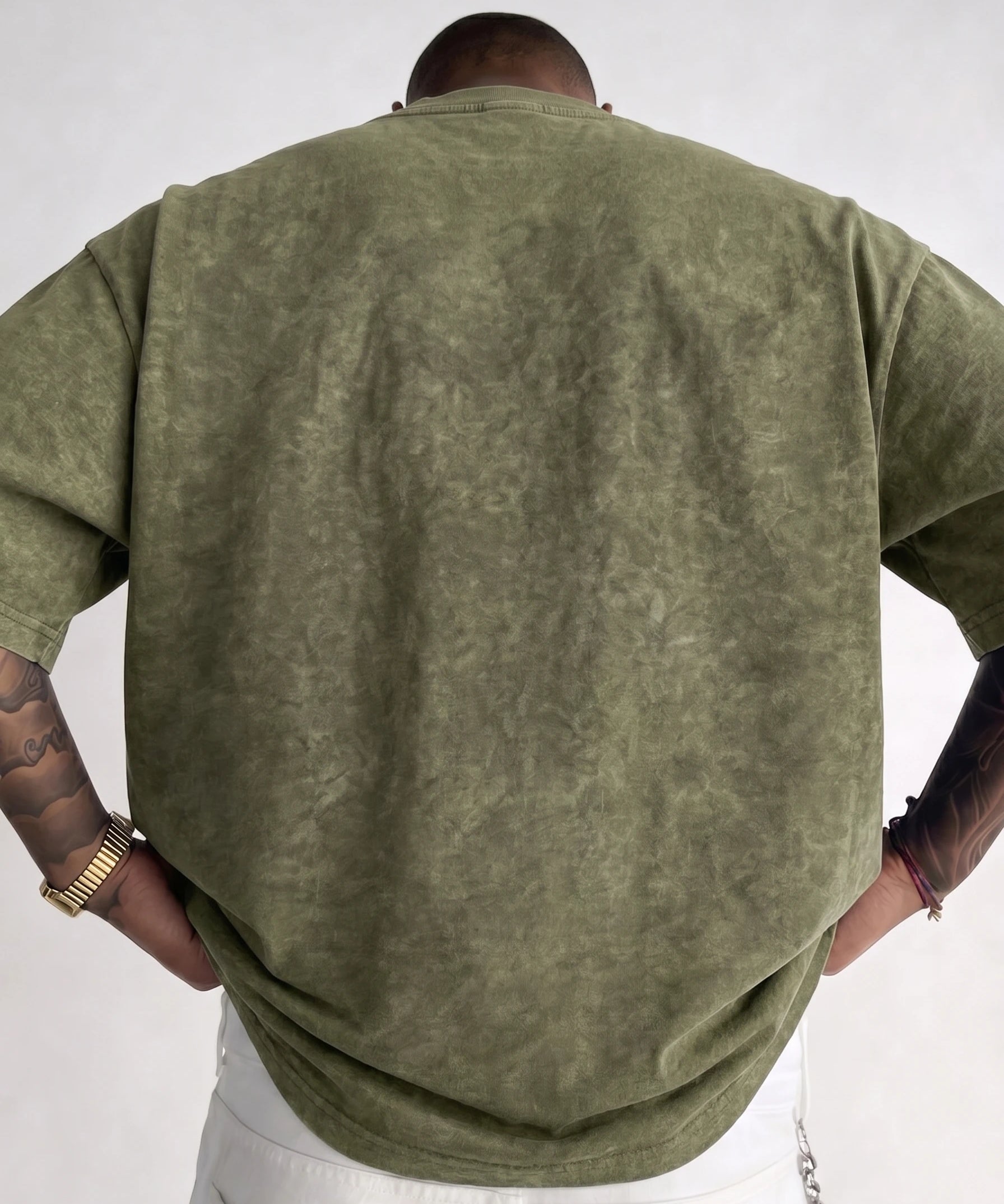 Army Green Mineral washed oversized graphic tee, lifestyle shot 3