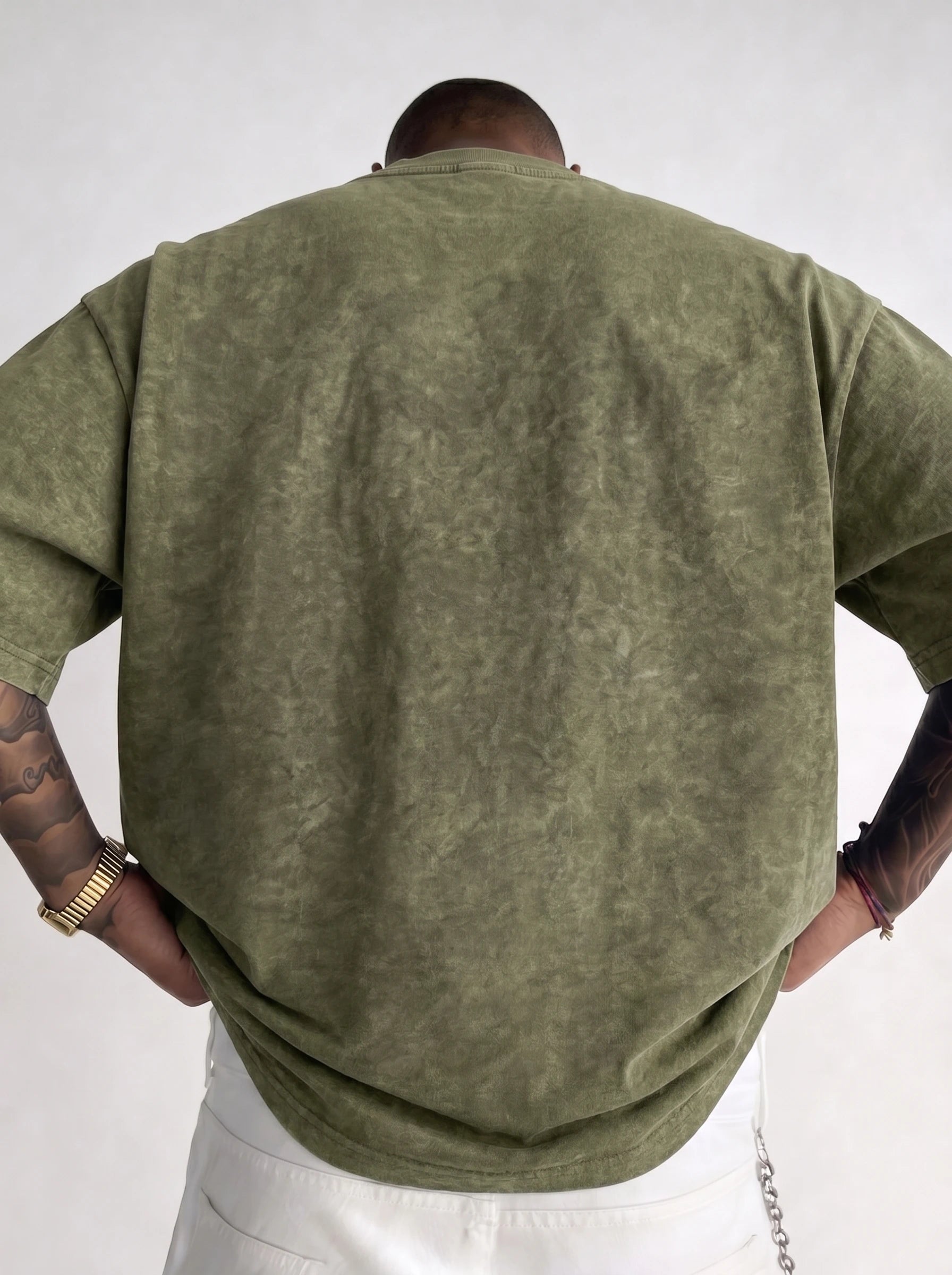 Army Green Mineral washed oversized graphic tee, lifestyle shot 3