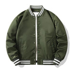 Green bomber jacket with white and black striped trim on a white background