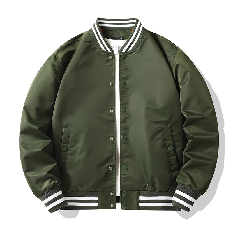 Green bomber jacket with white and black striped trim on a white background