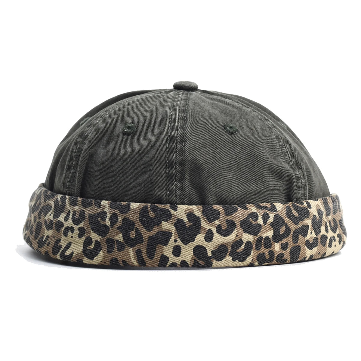 Army green cap with a leopard print band on a white background
