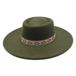 Army green wide-brim felt fedora hat with size guide