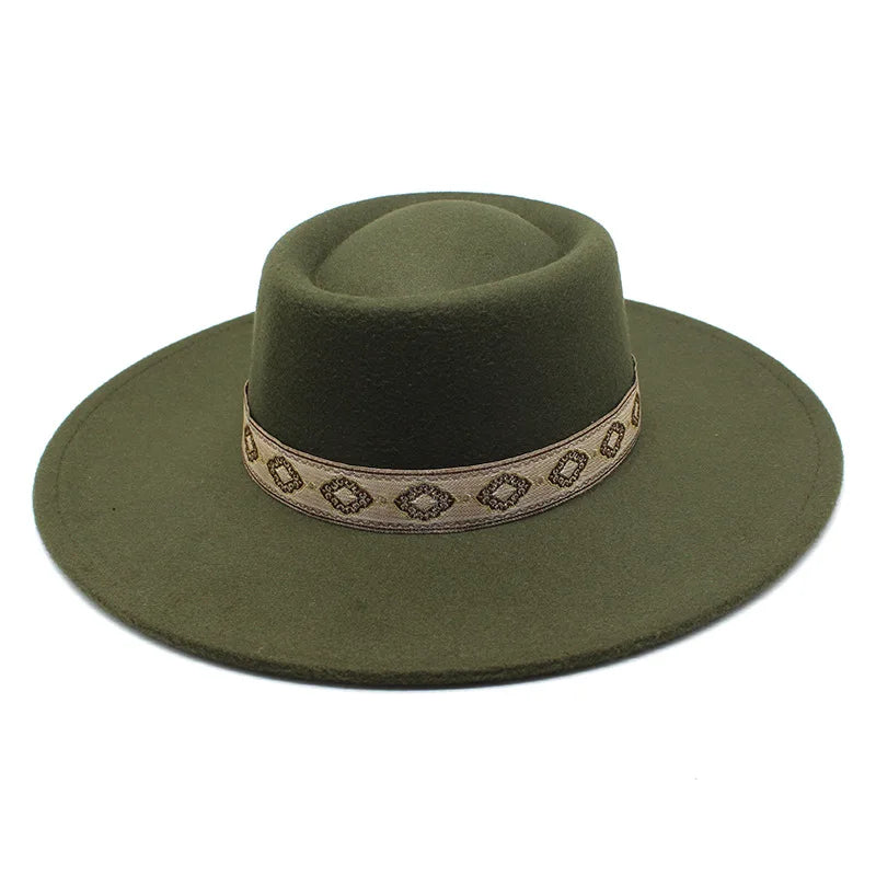 Army green wide-brim felt fedora hat with size guide