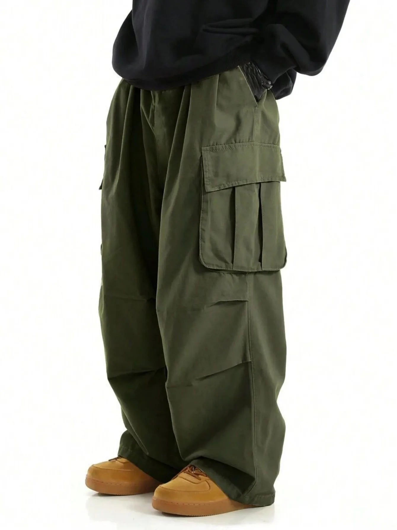 Army Green Wide-leg cargo pants, flat lay