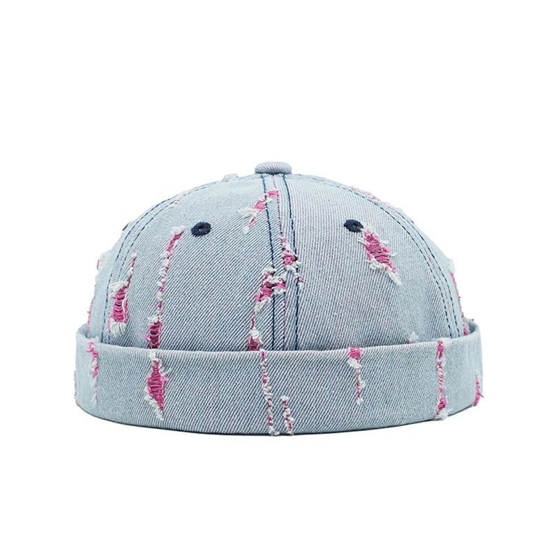 B-Light Blue Model wearing colorful denim docker cap