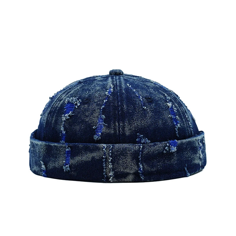 B-Navy Close-up detail of denim docker cap fabric and brim