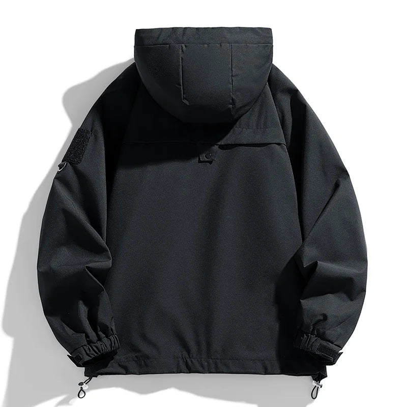 Black hooded jacket on a white background