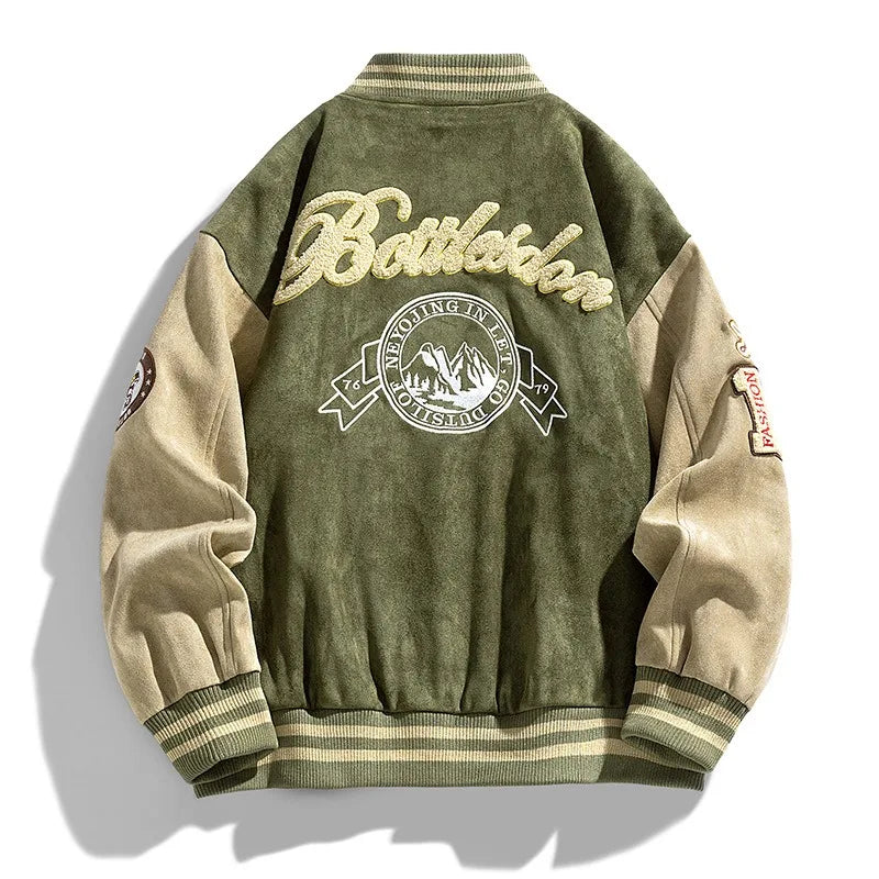 Green and beige jacket with embroidered text and logo on a white background