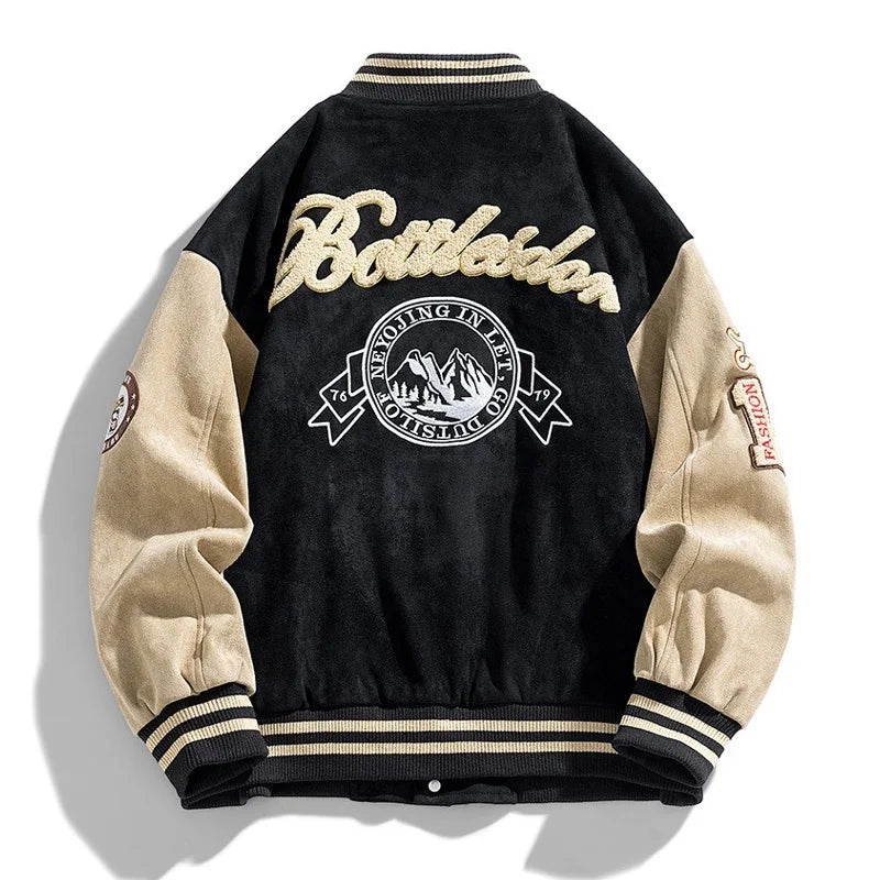 Black and beige varsity jacket with 'Battledar' branding on a white background