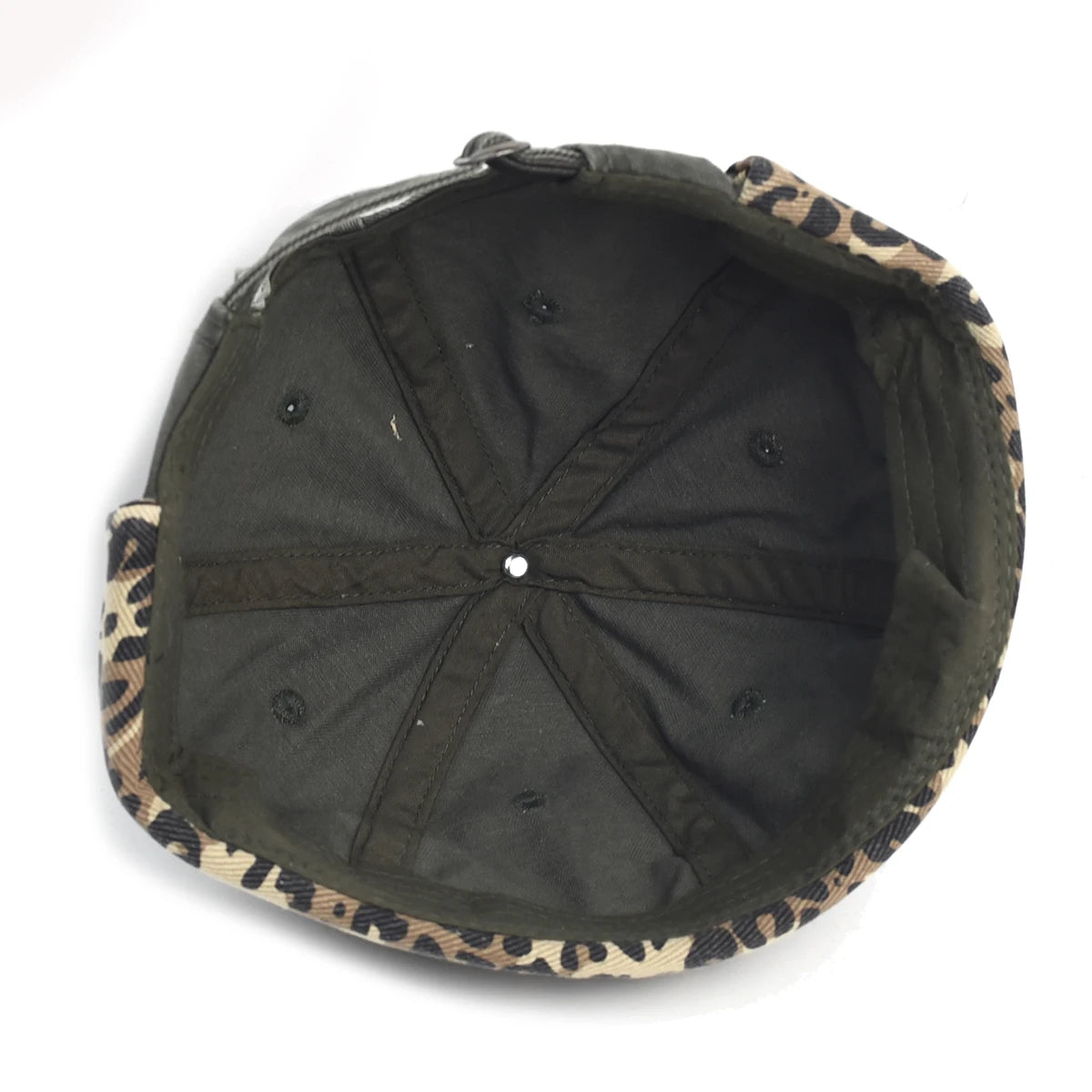 Back view of a cap with leopard print brim on a white background