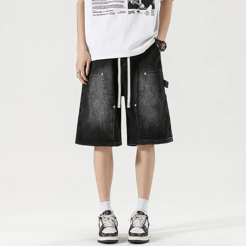 Baggy denim shorts, elastic waist detail