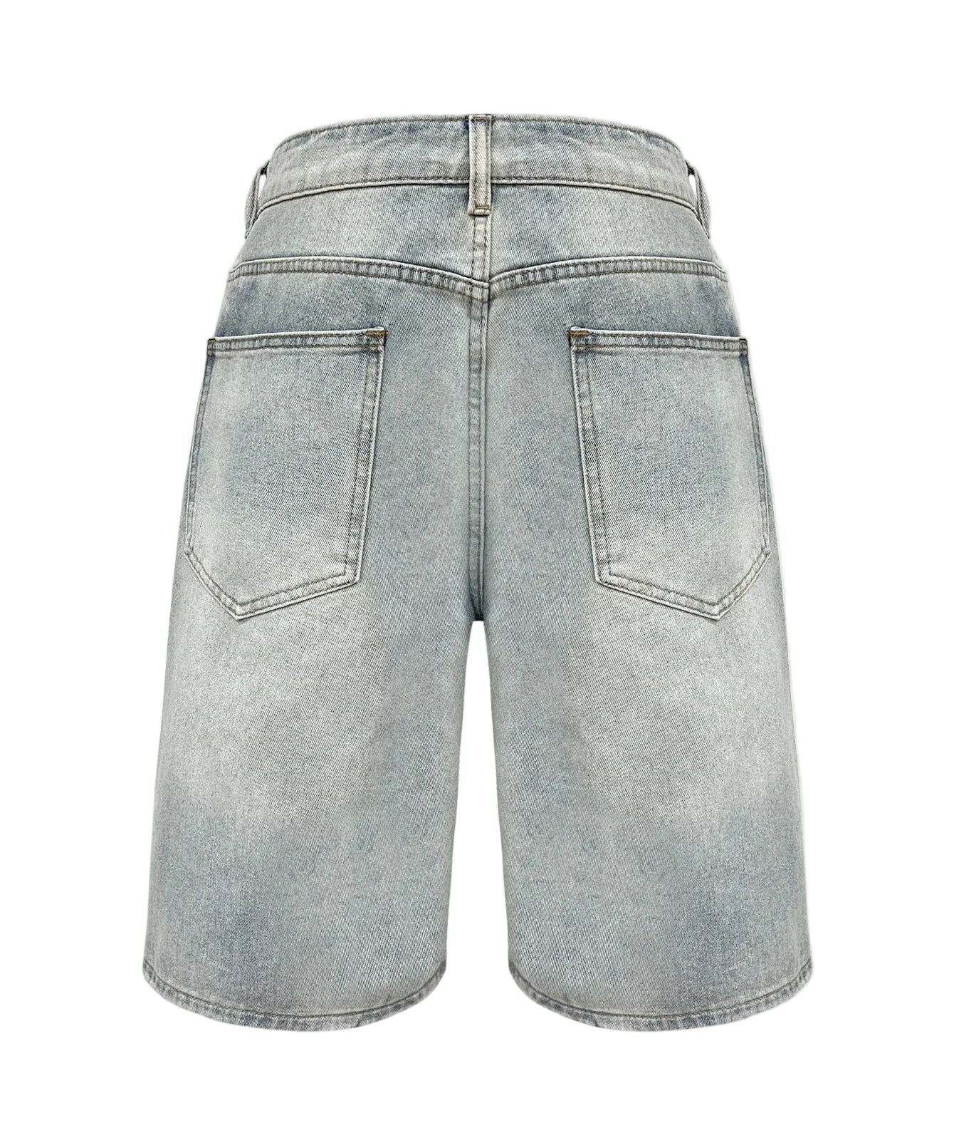 Baggy distressed denim shorts, back view