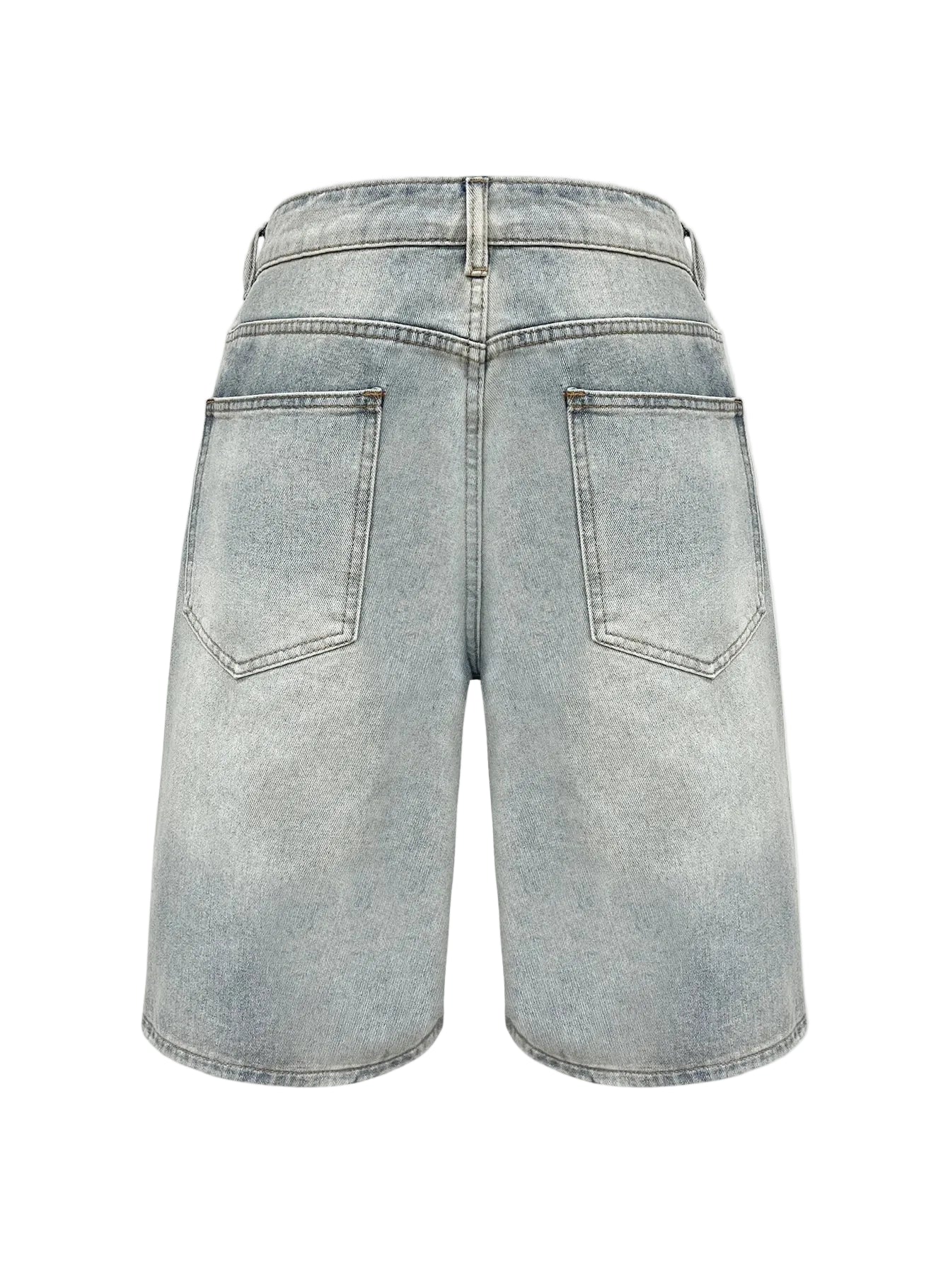 Baggy distressed denim shorts, back view