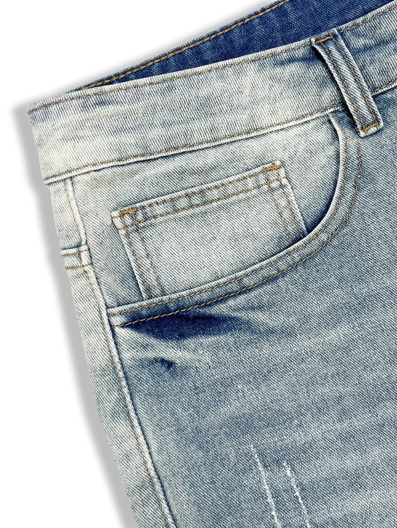 Baggy distressed denim shorts, side view