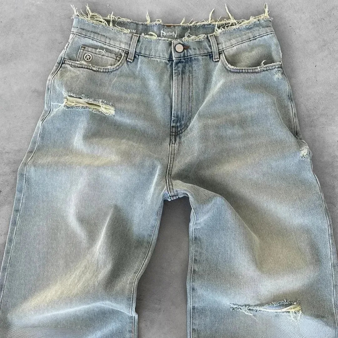 Men's bleach wash baggy jeans — back view