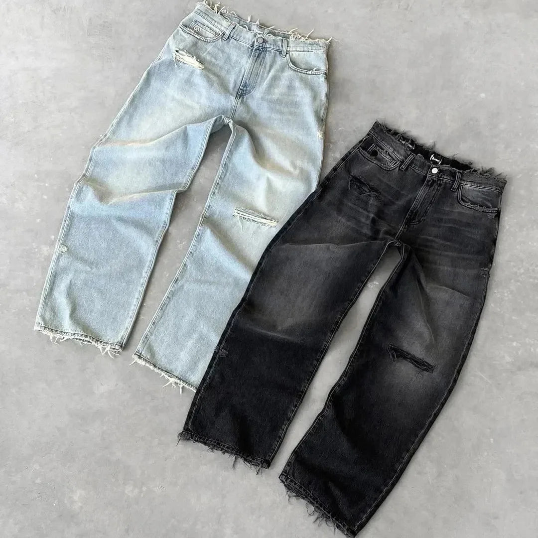 Men's bleach wash baggy jeans — front view