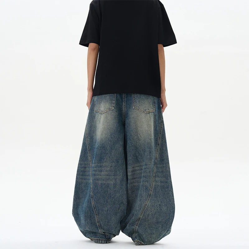 Baggy wide-leg denim jeans, full-length view