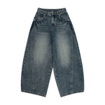 Baggy wide-leg denim jeans, styled on model