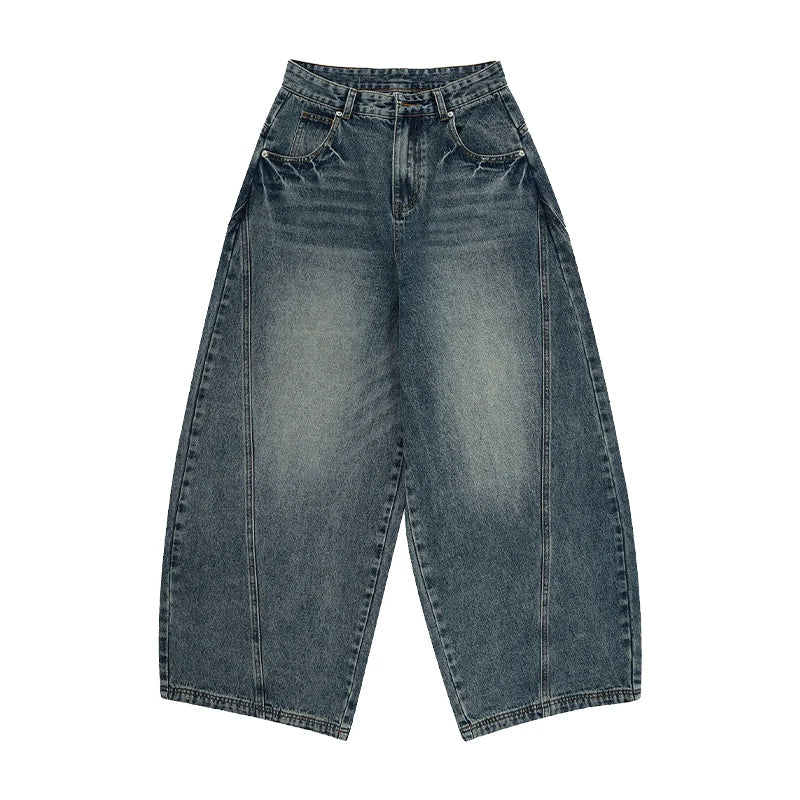 Baggy wide-leg denim jeans, styled on model