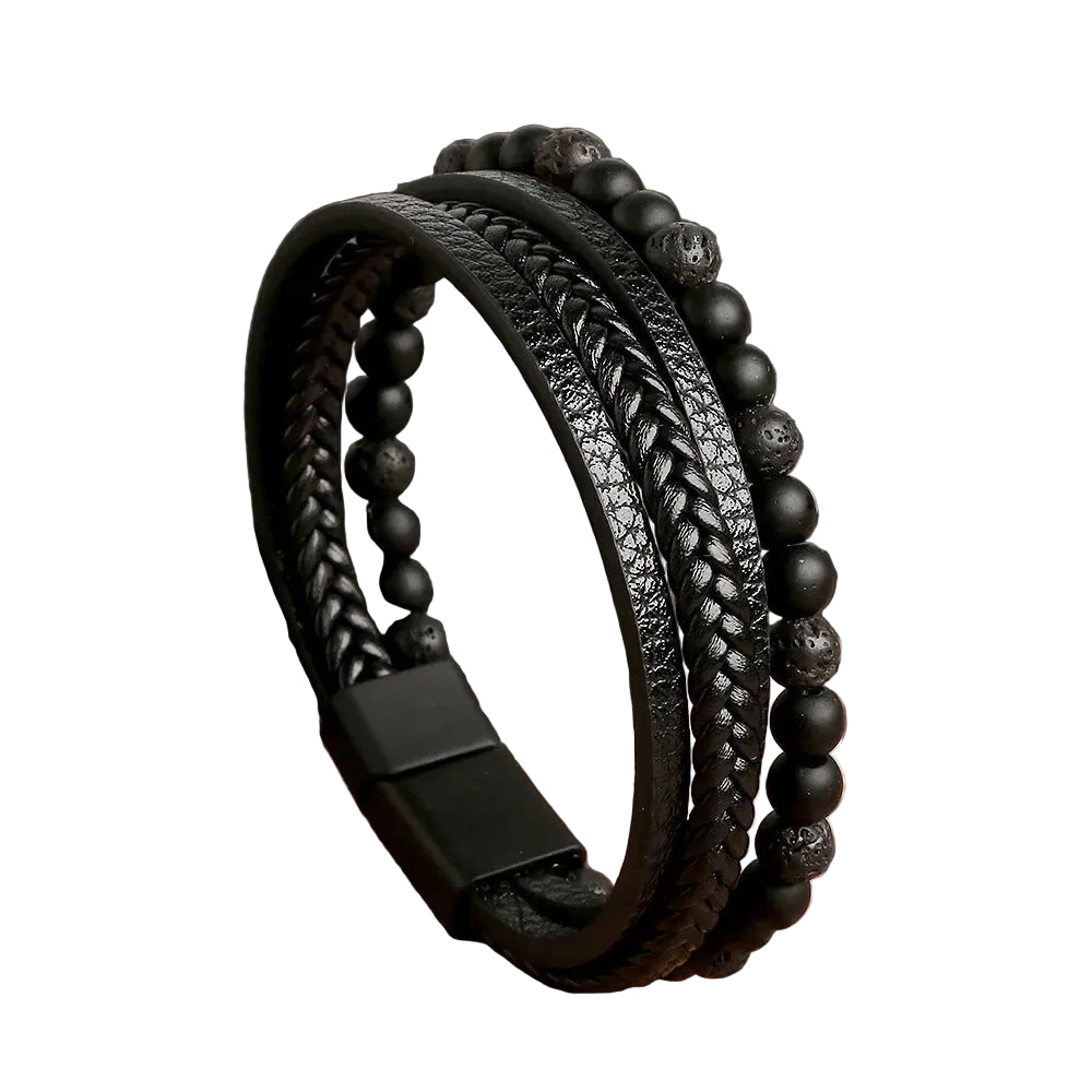 Beaded leather layered bracelet, detail view
