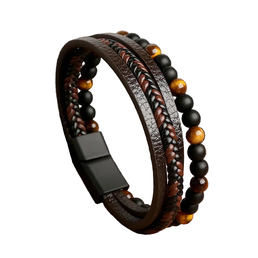 Beaded leather layered bracelet, front view