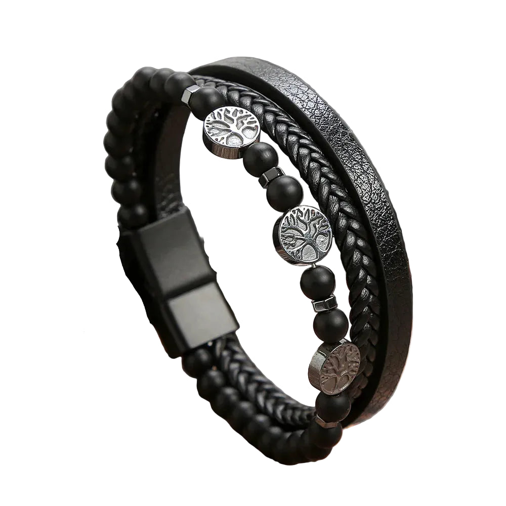 Beaded leather layered bracelet worn on wrist
