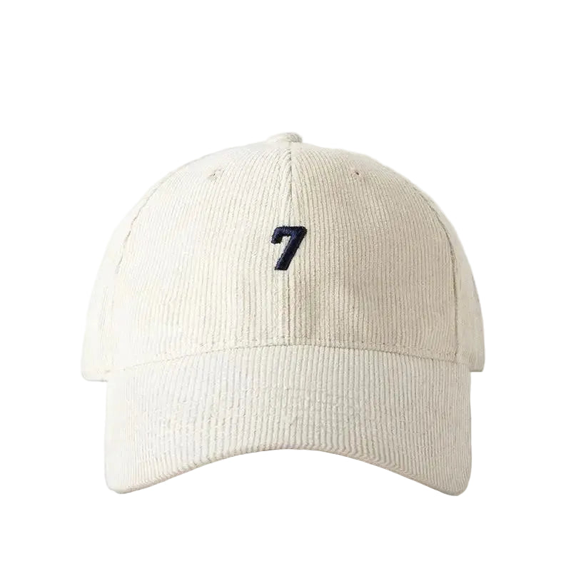 Beige Corduroy baseball dad hat — curved brim close-up
