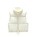 Beige Cropped quilted puffer vest worn — back view