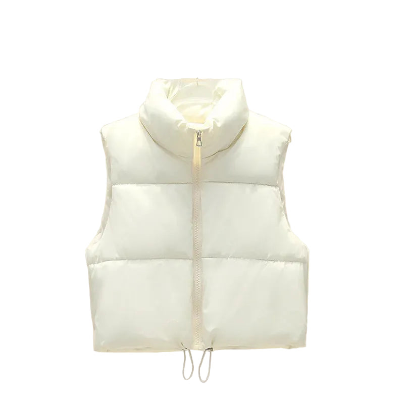 Beige Cropped quilted puffer vest worn — back view