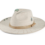 Beige Close-up of wide brim edge on distressed cowboy hat showing texture detail