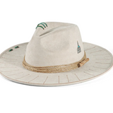 Beige Close-up of wide brim edge on distressed cowboy hat showing texture detail