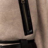 Shearling Lined Faux Leather Aviator Jacket - Women's Khaki Moto Coat with Belt